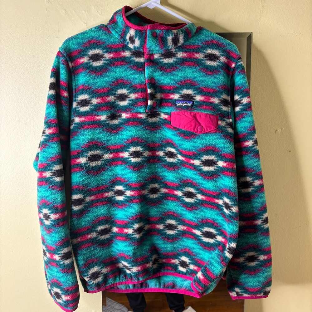 Patagonia Wild Desert Southwestern Aztec Tribal Synchilla Fleece Snap Pullover